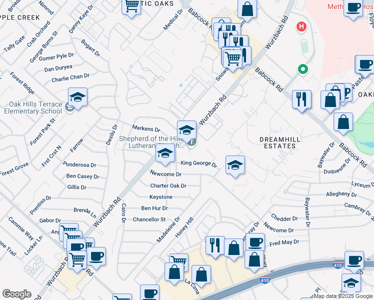 map of restaurants, bars, coffee shops, grocery stores, and more near 6914 Wurzbach Road in San Antonio