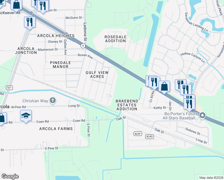 map of restaurants, bars, coffee shops, grocery stores, and more near 5907 Judy Street in Rosharon