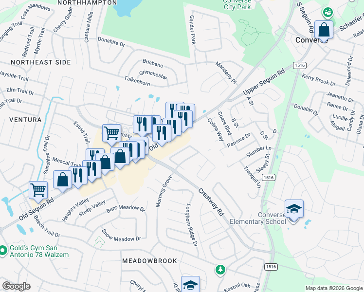 map of restaurants, bars, coffee shops, grocery stores, and more near 8931 Nature Trail in Converse