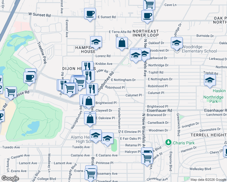 map of restaurants, bars, coffee shops, grocery stores, and more near 917 Vanderhoeven in San Antonio