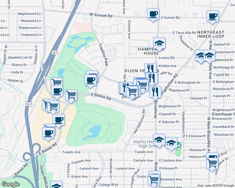 map of restaurants, bars, coffee shops, grocery stores, and more near 103 Longsford in San Antonio