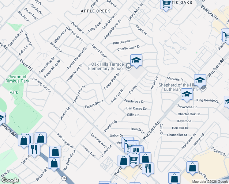 map of restaurants, bars, coffee shops, grocery stores, and more near 6842 North Forest Crest Street in San Antonio