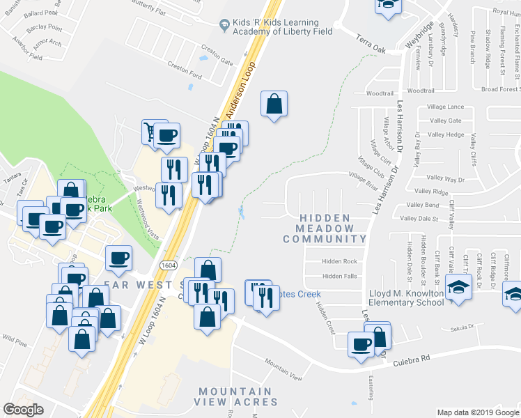 map of restaurants, bars, coffee shops, grocery stores, and more near 9846 Valley Villa in San Antonio