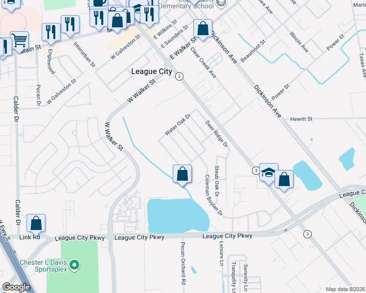map of restaurants, bars, coffee shops, grocery stores, and more near 1301 Mossy Oak Drive in League City