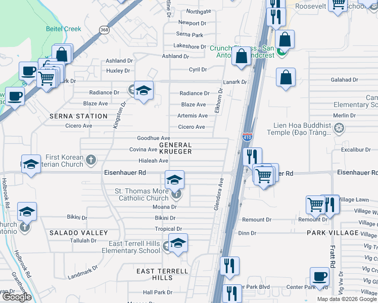 map of restaurants, bars, coffee shops, grocery stores, and more near 439 Hialeah Avenue in San Antonio