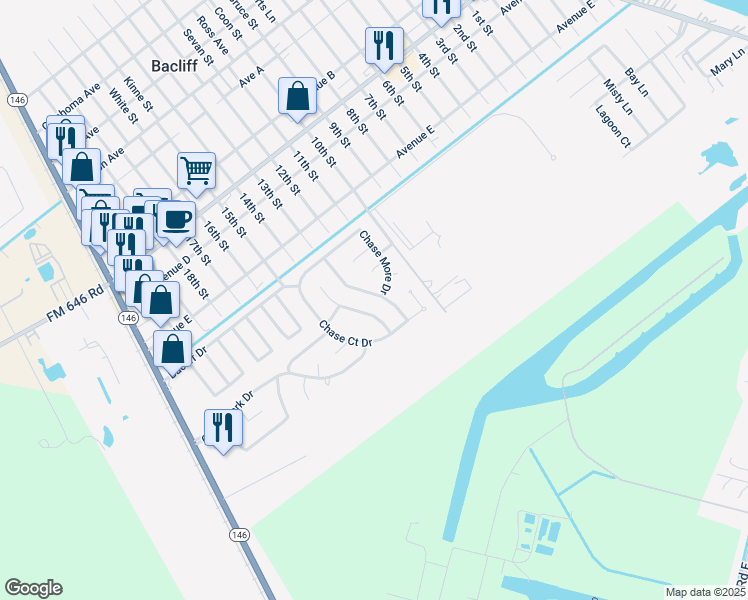 map of restaurants, bars, coffee shops, grocery stores, and more near 4930 Chase Stone Drive in Bacliff