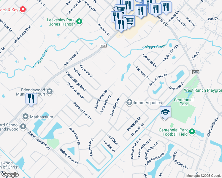 map of restaurants, bars, coffee shops, grocery stores, and more near 1801 Twin Oaks Street in Friendswood
