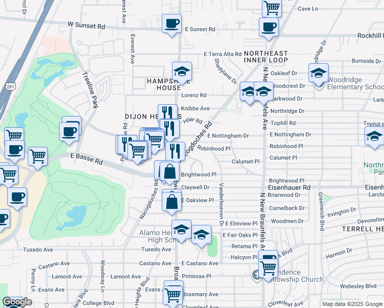 map of restaurants, bars, coffee shops, grocery stores, and more near 7110 Poniente Lane in San Antonio