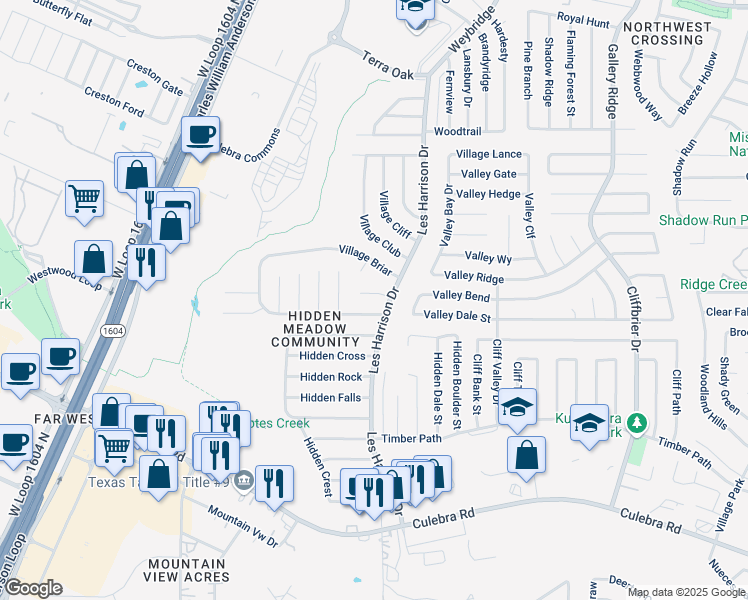 map of restaurants, bars, coffee shops, grocery stores, and more near 9714 Valley Crest in San Antonio