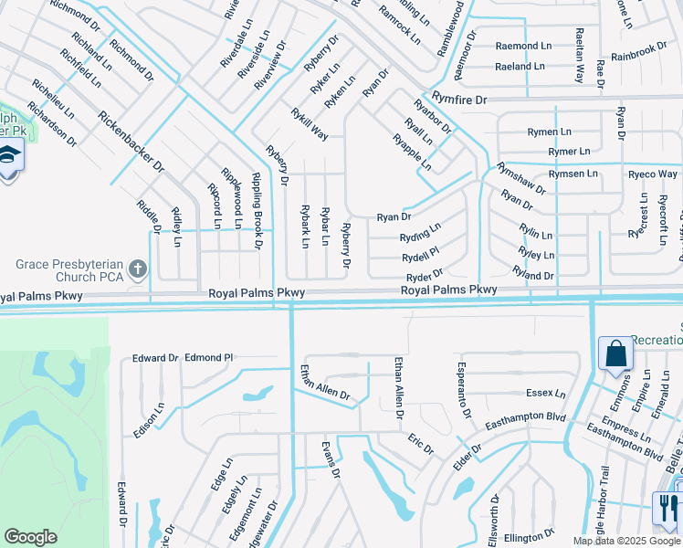 map of restaurants, bars, coffee shops, grocery stores, and more near 29 Ryberry Drive in Palm Coast