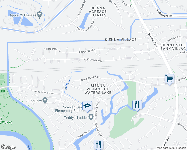 map of restaurants, bars, coffee shops, grocery stores, and more near 8915 Stones Throw Lane in Missouri City
