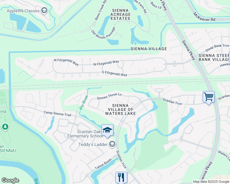 map of restaurants, bars, coffee shops, grocery stores, and more near 8915 Stones Throw Lane in Missouri City