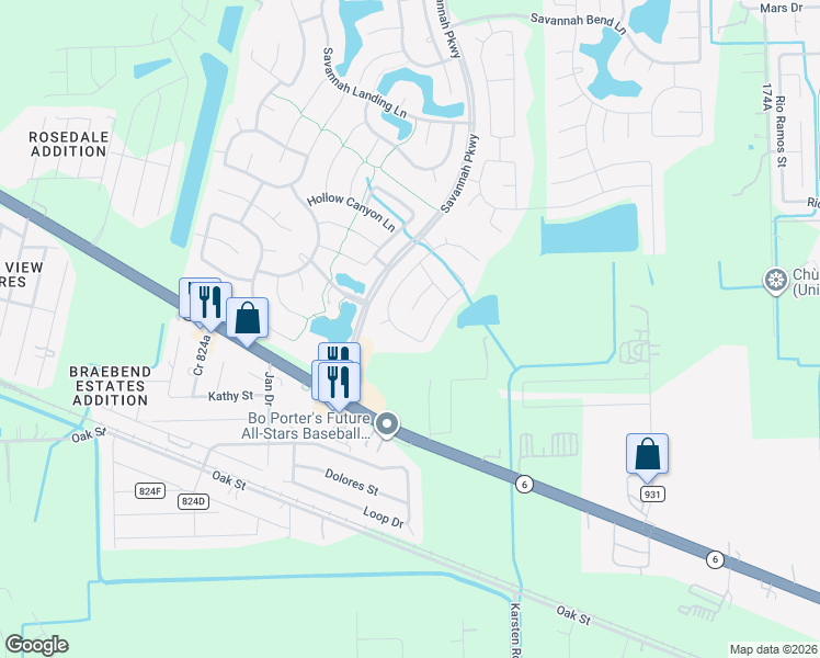 map of restaurants, bars, coffee shops, grocery stores, and more near 13732 Stark Bridge Lane in Rosharon