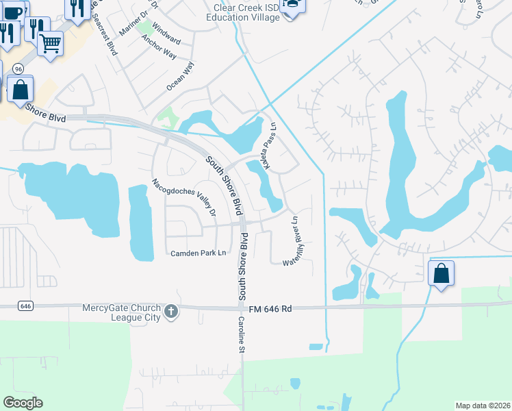 map of restaurants, bars, coffee shops, grocery stores, and more near 3102 Iris Knoll Lane in League City
