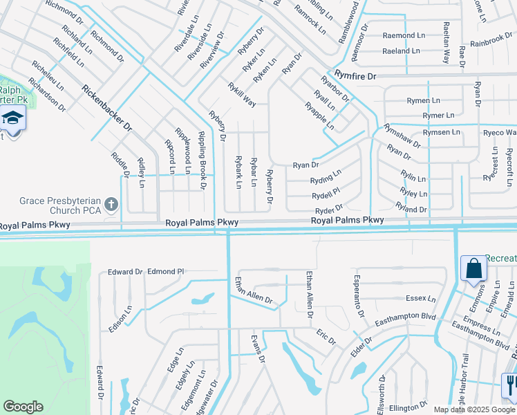 map of restaurants, bars, coffee shops, grocery stores, and more near 2 Rybar Lane in Palm Coast