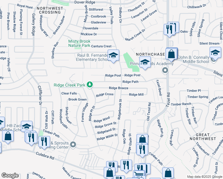 map of restaurants, bars, coffee shops, grocery stores, and more near 6335 Ridgehurst in San Antonio