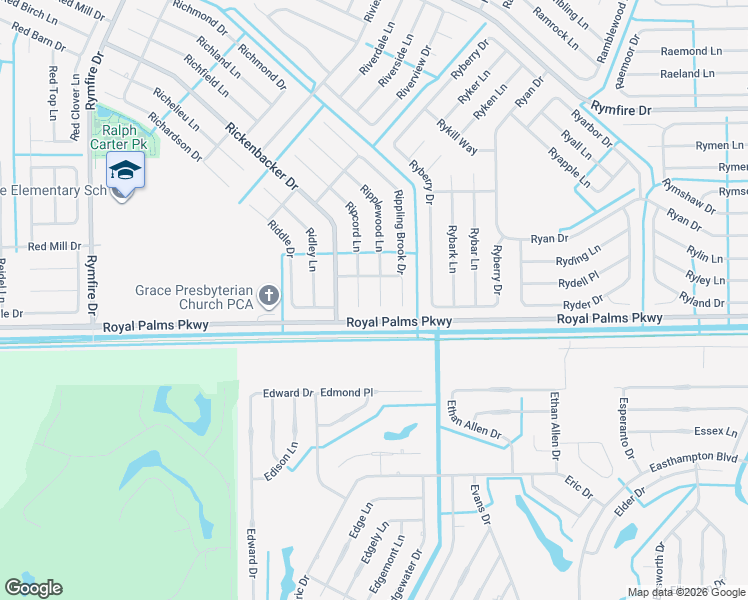 map of restaurants, bars, coffee shops, grocery stores, and more near Royal Palms Parkway in Palm Coast