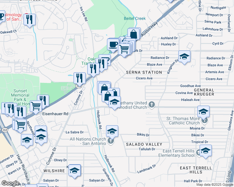 map of restaurants, bars, coffee shops, grocery stores, and more near 722 Harlow Drive in San Antonio