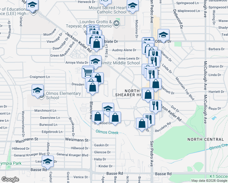 map of restaurants, bars, coffee shops, grocery stores, and more near 11 Oak Plaza in San Antonio
