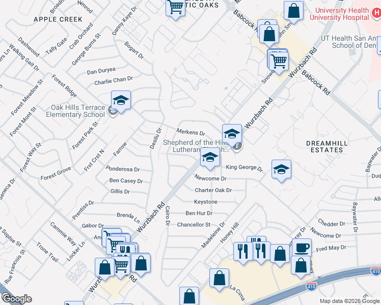 map of restaurants, bars, coffee shops, grocery stores, and more near 5507 Newcome Drive in San Antonio