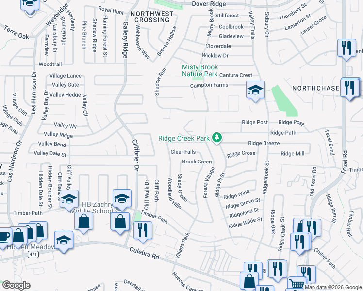 map of restaurants, bars, coffee shops, grocery stores, and more near 9518 Clear Falls in San Antonio
