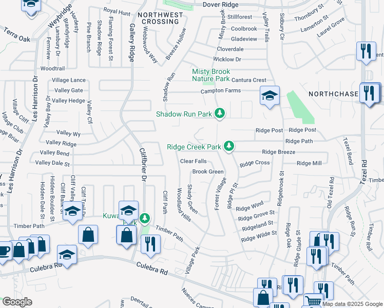 map of restaurants, bars, coffee shops, grocery stores, and more near 9518 Clear Falls in San Antonio