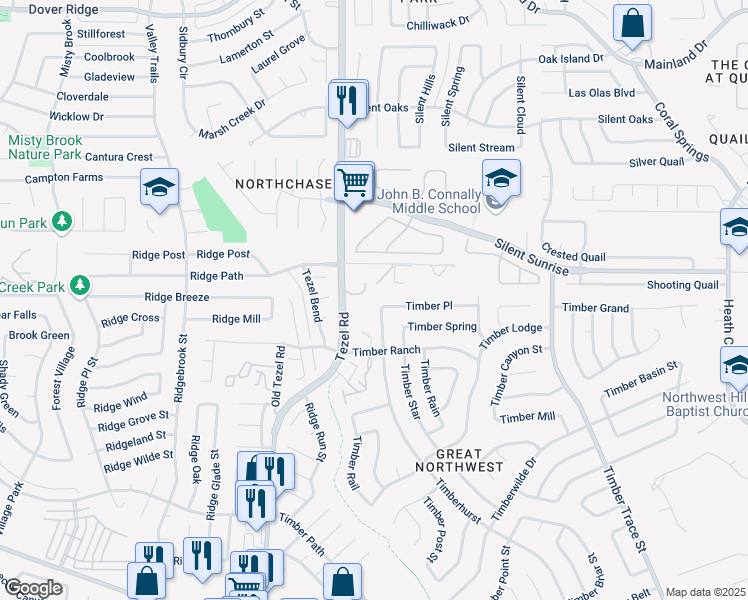 map of restaurants, bars, coffee shops, grocery stores, and more near 5827 Timberhurst in San Antonio