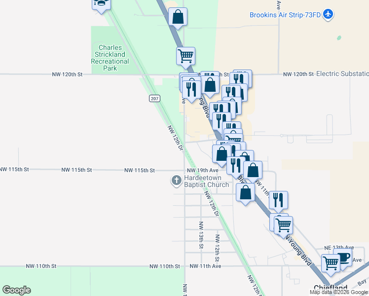 map of restaurants, bars, coffee shops, grocery stores, and more near 1315 Northwest 21 Avenue in Chiefland
