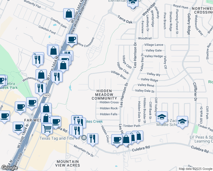 map of restaurants, bars, coffee shops, grocery stores, and more near 6218 Valley Knight in San Antonio