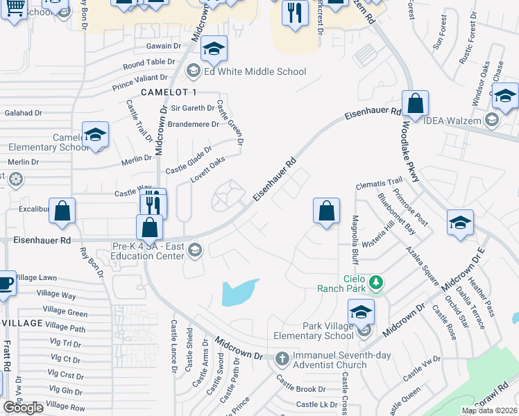 map of restaurants, bars, coffee shops, grocery stores, and more near 5239 Eisenhauer Road in San Antonio