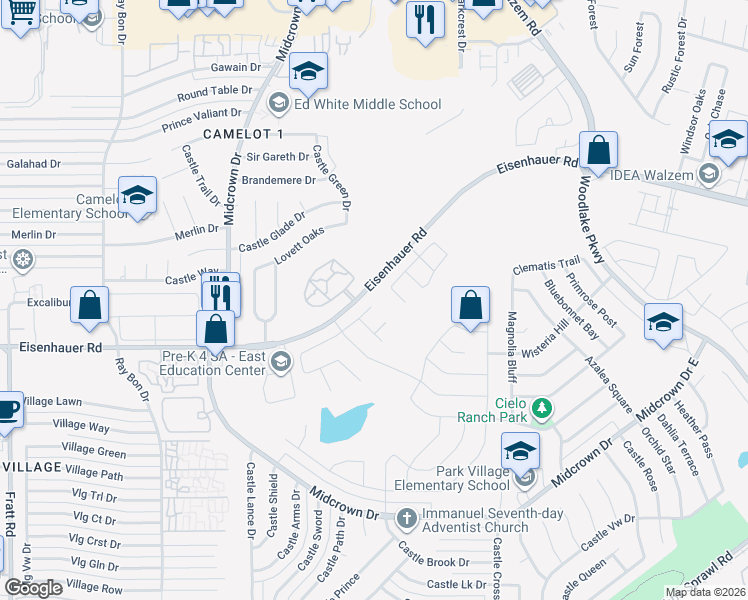 map of restaurants, bars, coffee shops, grocery stores, and more near 5239 Eisenhauer Road in San Antonio