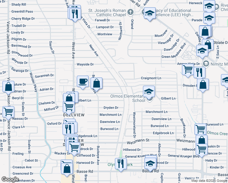 map of restaurants, bars, coffee shops, grocery stores, and more near 411 Dresden Drive in San Antonio