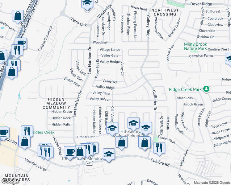 map of restaurants, bars, coffee shops, grocery stores, and more near 9387 Valley Bend in San Antonio