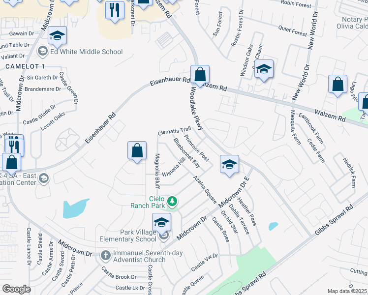 map of restaurants, bars, coffee shops, grocery stores, and more near 7422 Primrose Post in San Antonio