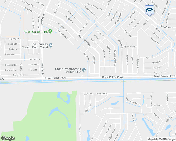 map of restaurants, bars, coffee shops, grocery stores, and more near 28 Riddle Drive in Palm Coast