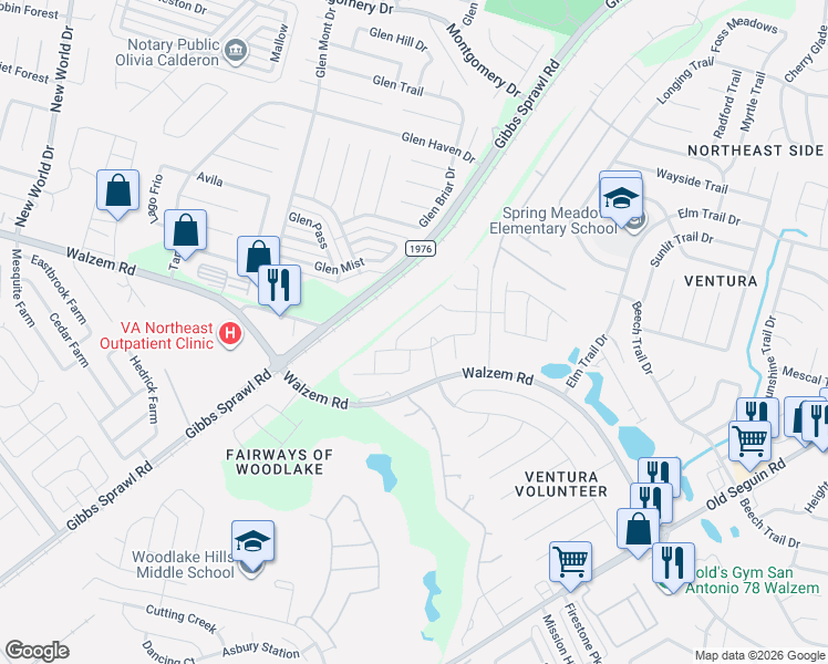 map of restaurants, bars, coffee shops, grocery stores, and more near 7335 Braes Corner in San Antonio