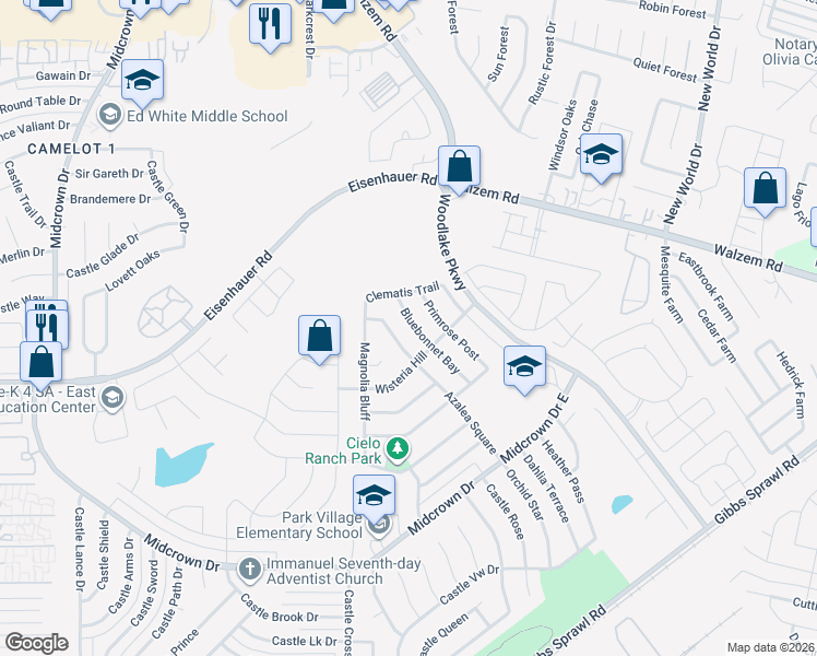 map of restaurants, bars, coffee shops, grocery stores, and more near 7459 Bluebonnet Bay in San Antonio