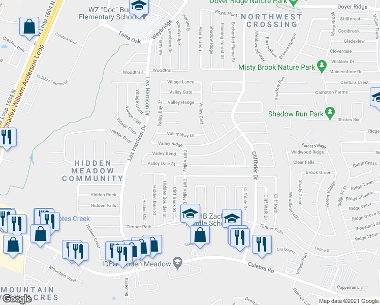 map of restaurants, bars, coffee shops, grocery stores, and more near 9339 Valley Ridge in San Antonio