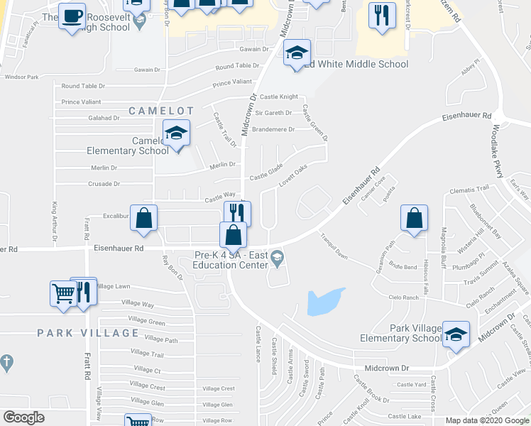 map of restaurants, bars, coffee shops, grocery stores, and more near 7234 Dwarf Palm in San Antonio