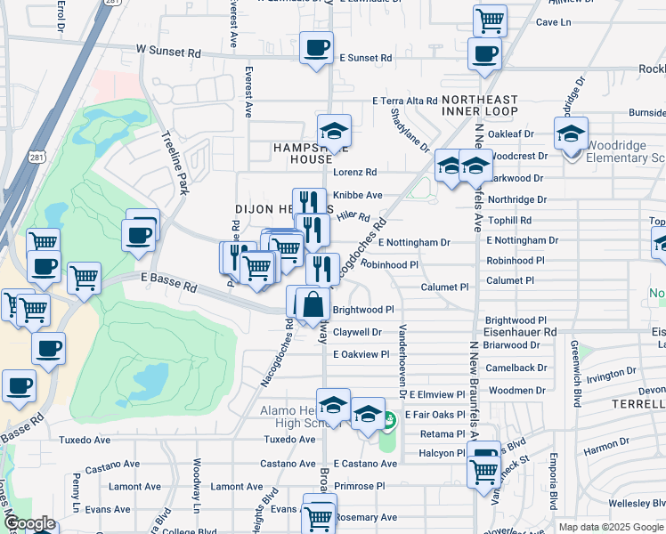 map of restaurants, bars, coffee shops, grocery stores, and more near 7561 Broadway in San Antonio