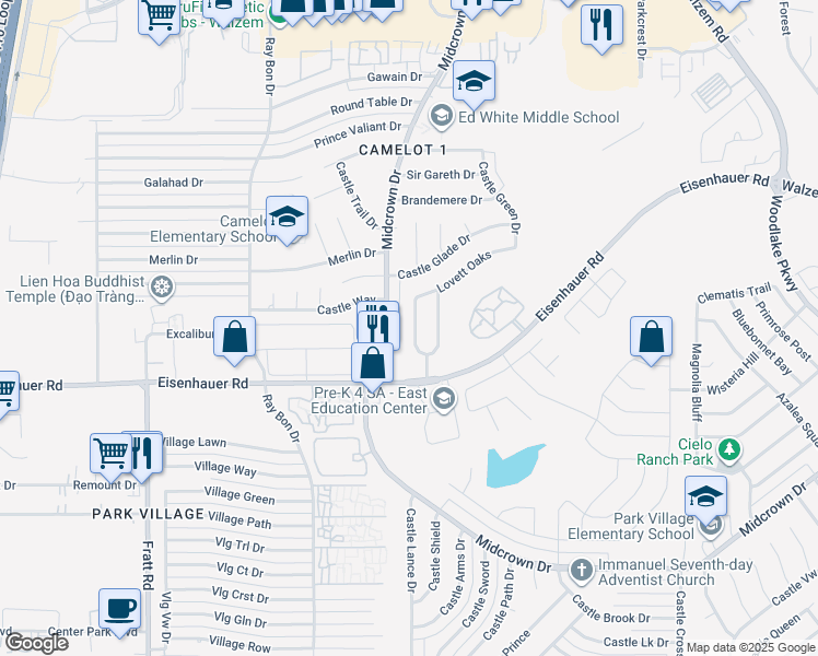 map of restaurants, bars, coffee shops, grocery stores, and more near 7250 Dwarf Palm in San Antonio