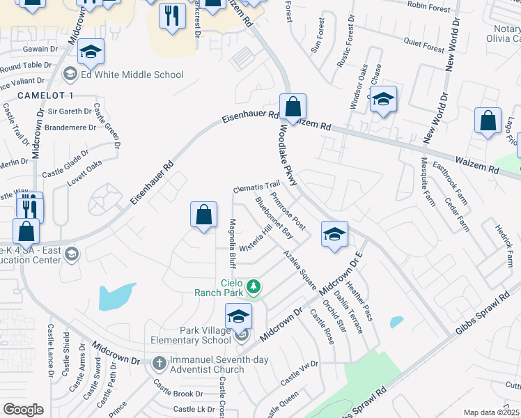 map of restaurants, bars, coffee shops, grocery stores, and more near 7459 Bluebonnet Bay in San Antonio