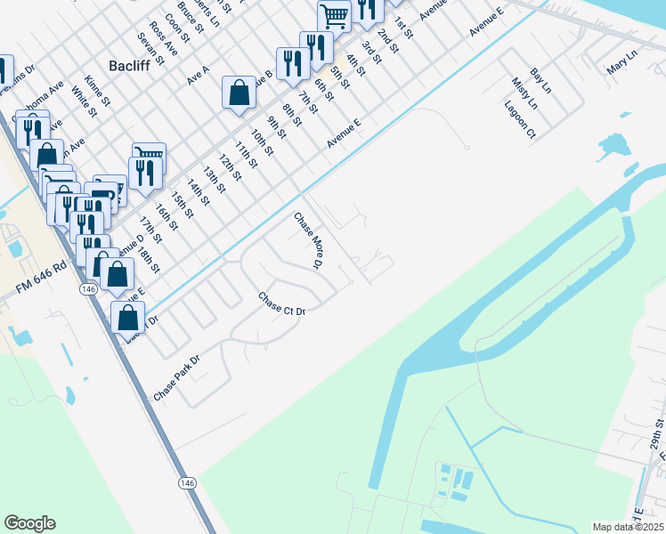 map of restaurants, bars, coffee shops, grocery stores, and more near 5006 Chase Mountain Drive in Bacliff
