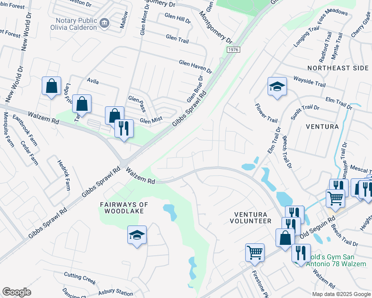 map of restaurants, bars, coffee shops, grocery stores, and more near 7335 Braes Corner in San Antonio