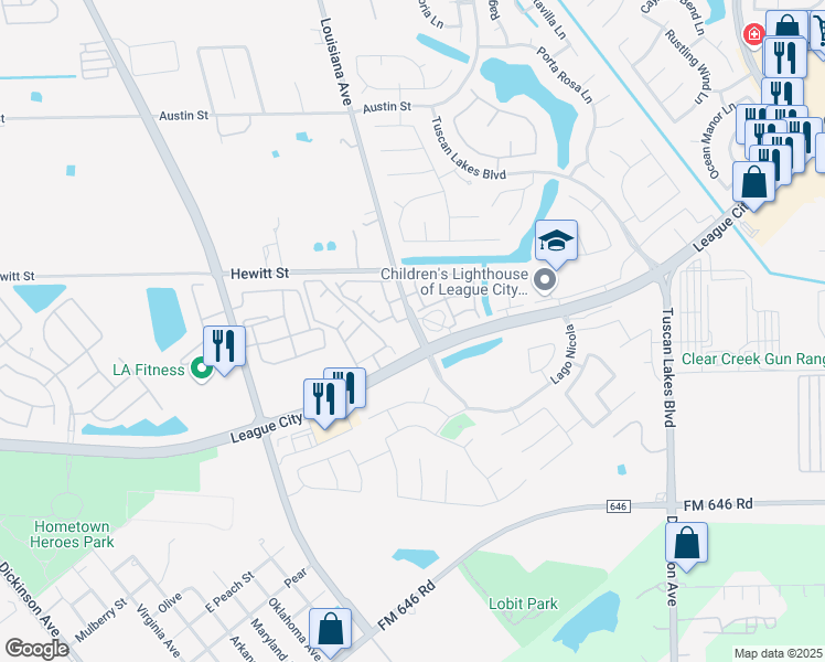 map of restaurants, bars, coffee shops, grocery stores, and more near 1458 East League City Parkway in League City