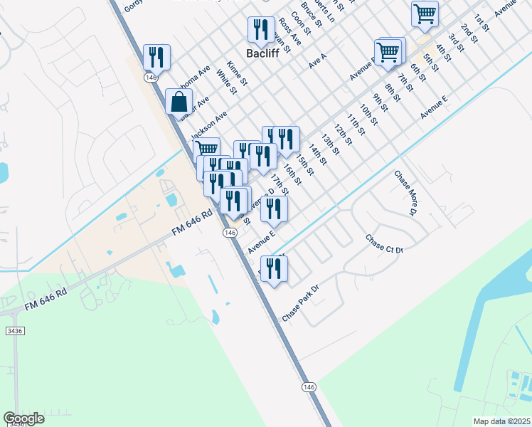 map of restaurants, bars, coffee shops, grocery stores, and more near 4706 18th Street in Bacliff