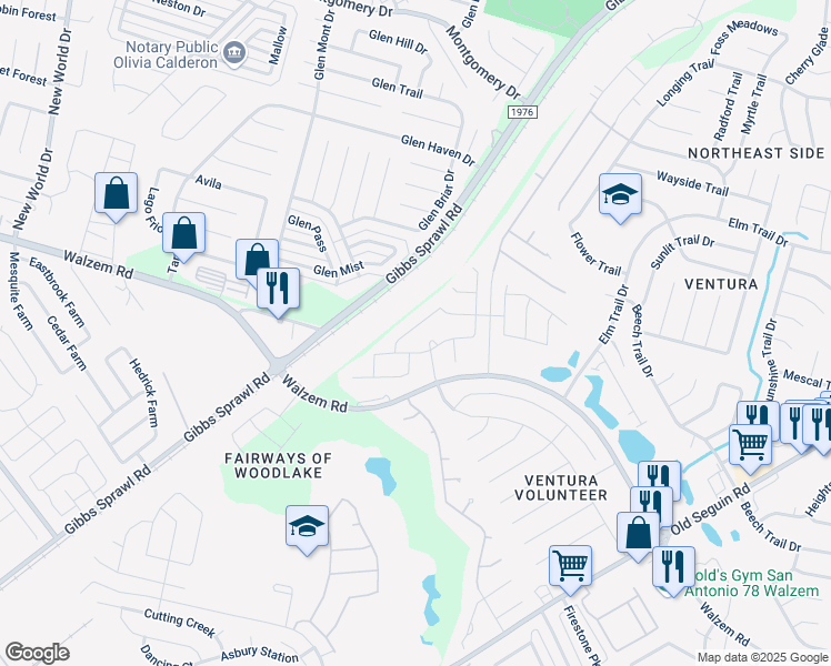 map of restaurants, bars, coffee shops, grocery stores, and more near 7335 Braes Corner in San Antonio