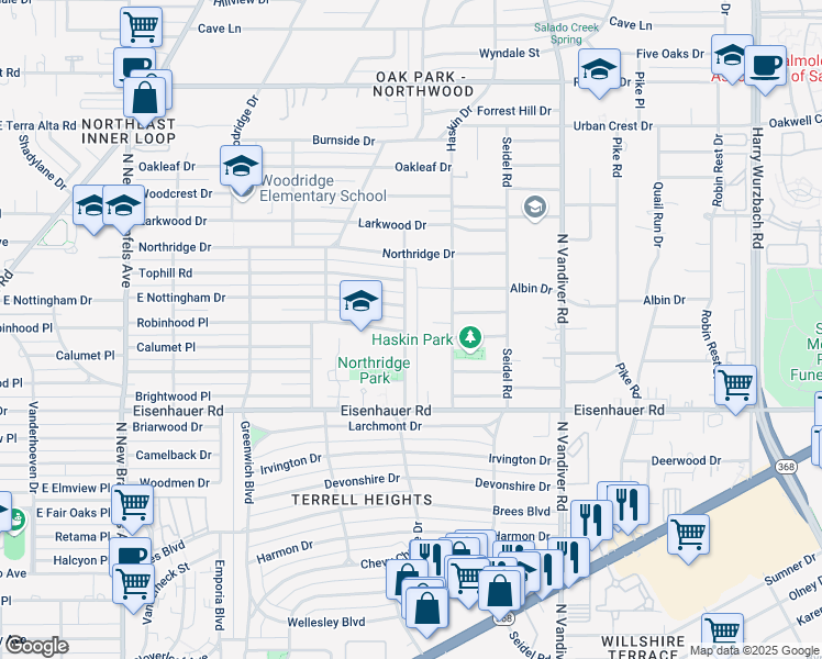 map of restaurants, bars, coffee shops, grocery stores, and more near 910 Chevy Chase Drive in San Antonio
