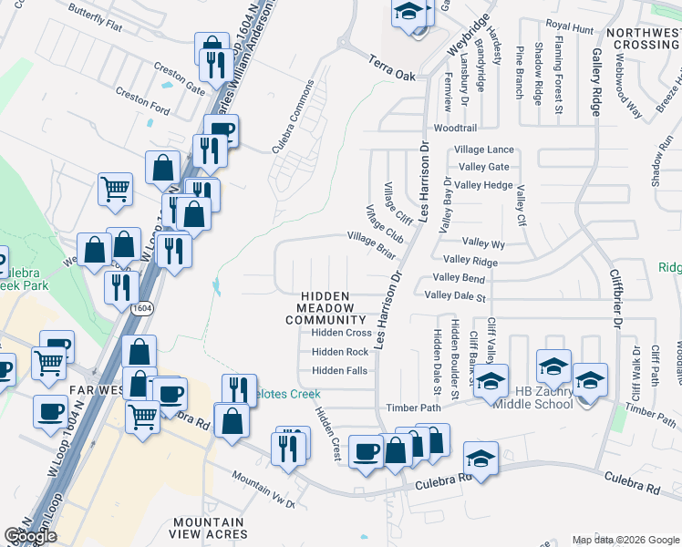 map of restaurants, bars, coffee shops, grocery stores, and more near 6242 Valley Knight in San Antonio