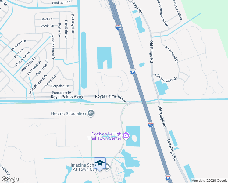 map of restaurants, bars, coffee shops, grocery stores, and more near 4225 Royal Palms Parkway in Palm Coast